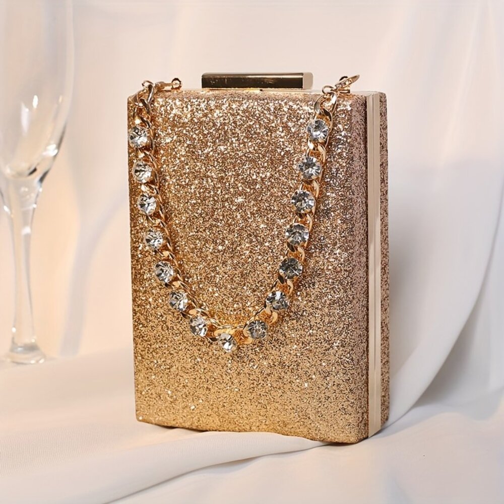 Vintage Small Handbag With Golden Details, Diamond-encrusted Chain